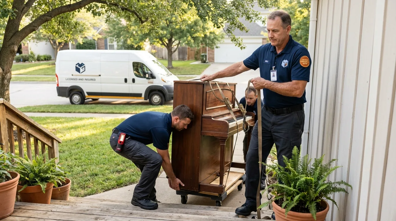 Licensed piano movers securing grand piano in Rochester, NY