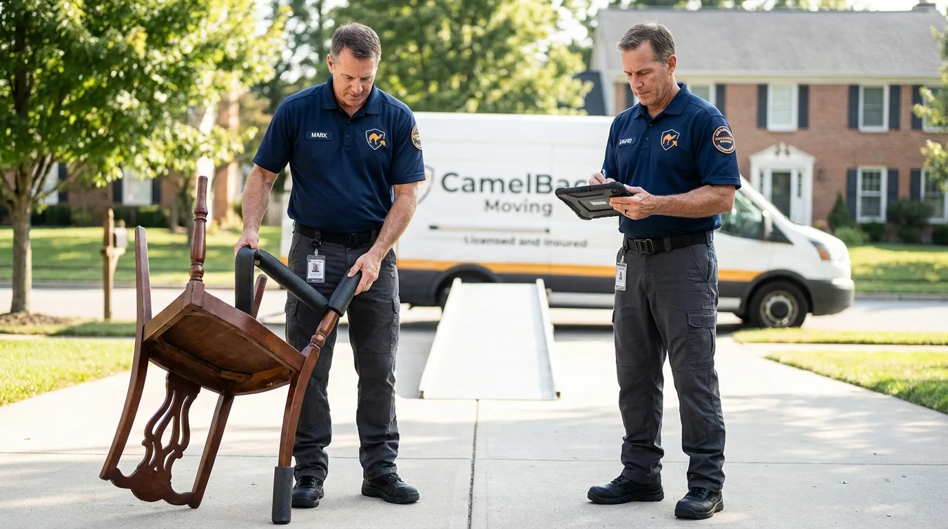Movers inspecting furniture for damage prevention before loading in Rochester, NY