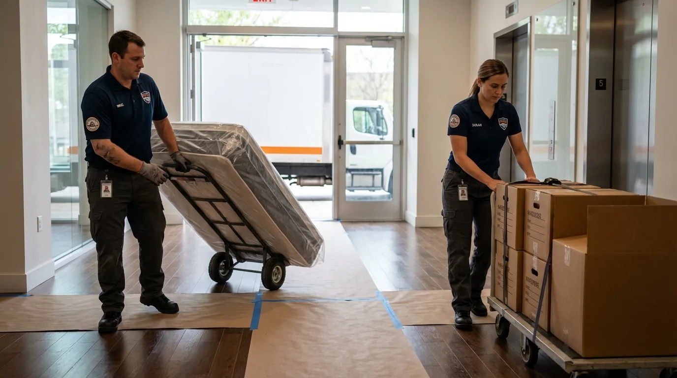 Professional apartment movers loading elevator in Rochester, NY